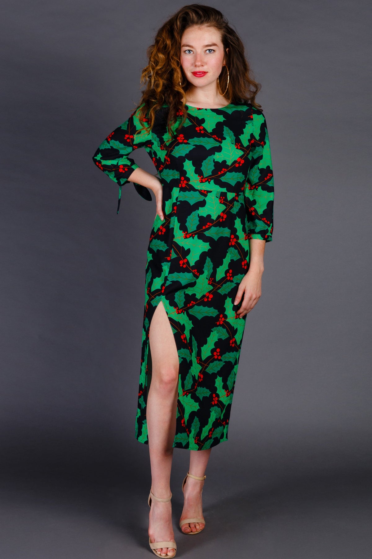 The Deck Yourselves | Holly Pattern Midi Formal Christmas Dress - Shinesty