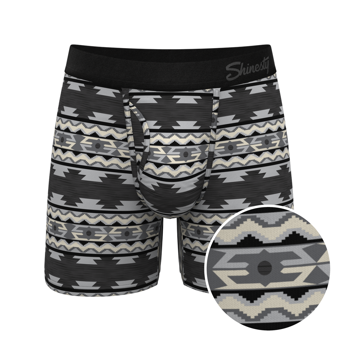The Arroyo Grande | Grey and Black Aztec Ball Hammock® Pouch Underwear With Fly - Shinesty