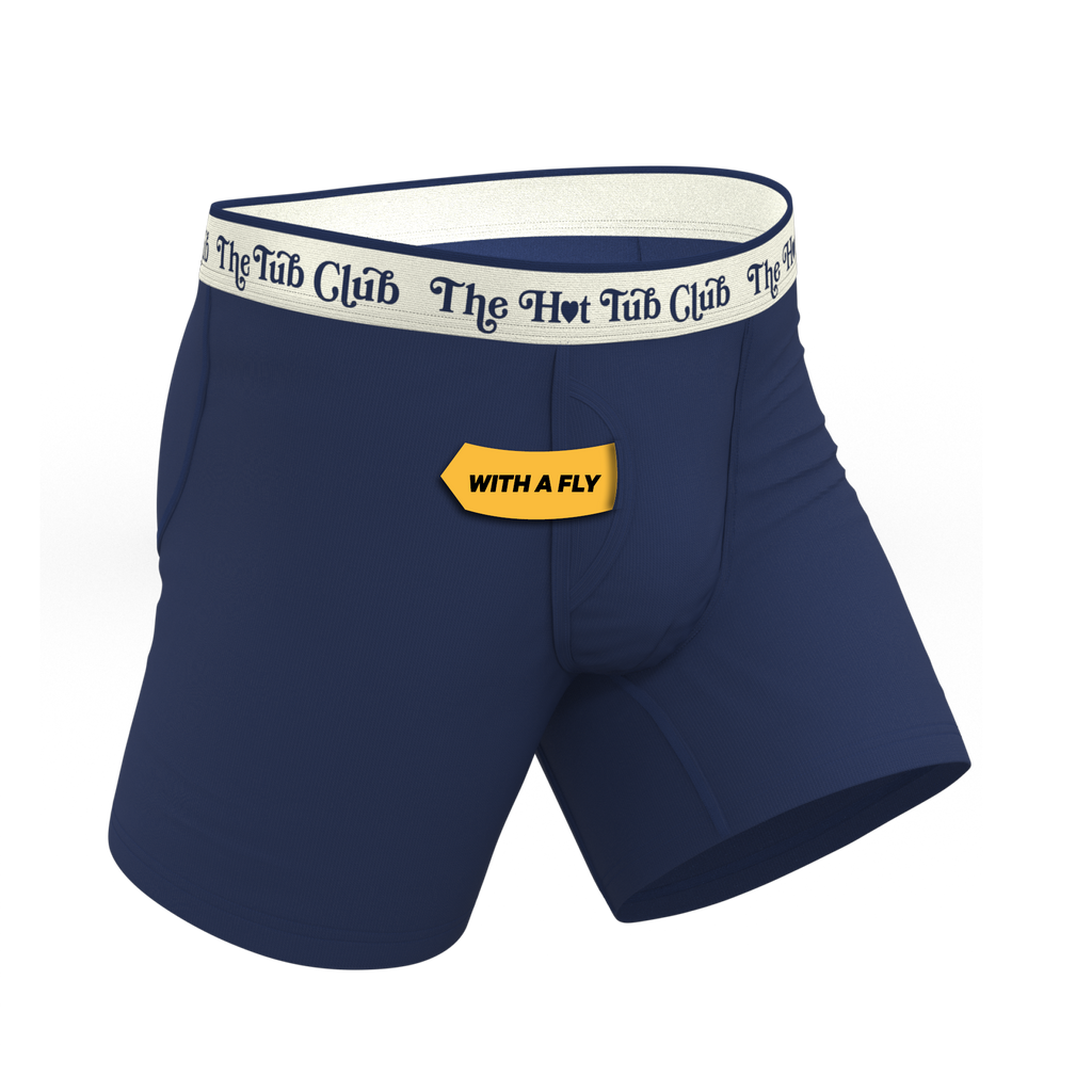 The Jet Set | Hot Tub Club Navy Ball Hammock® Pouch Underwear With Fly - Shinesty