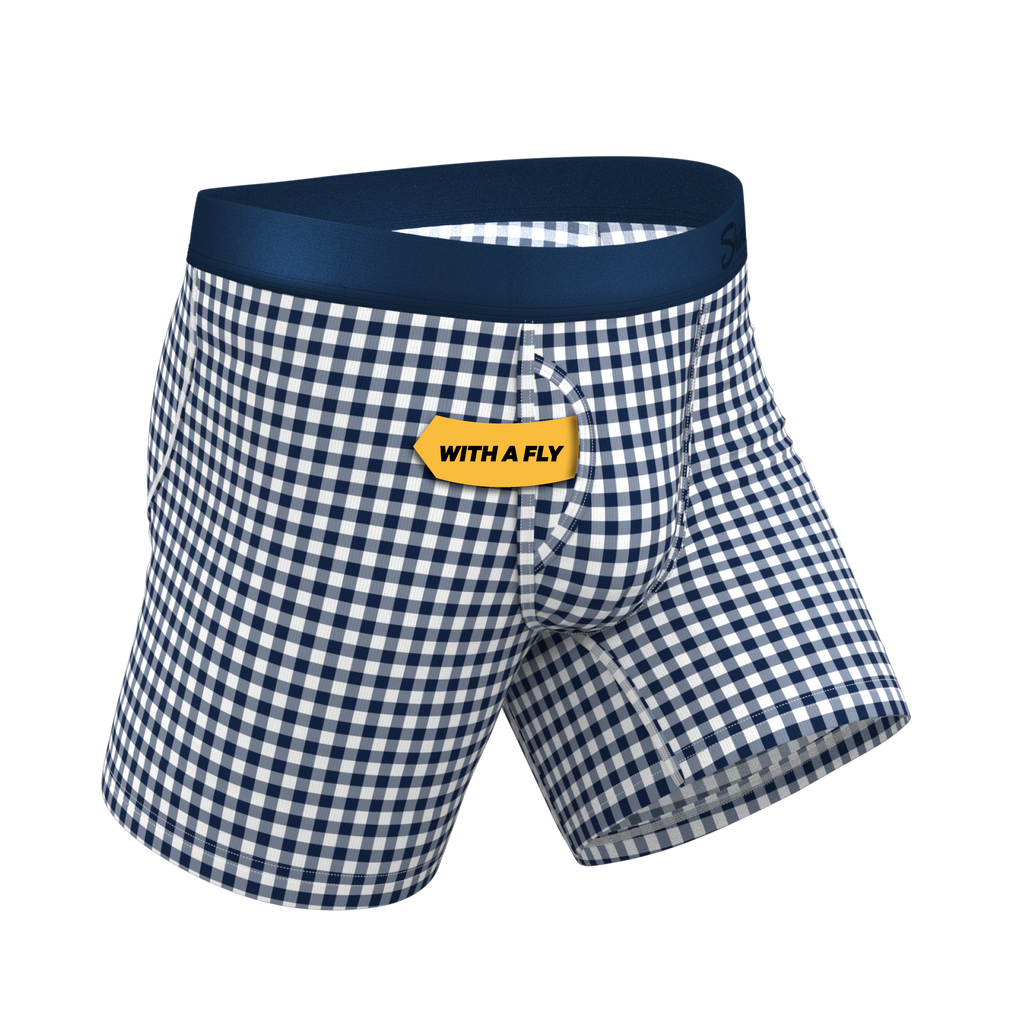 The Mad For Plaid | Navy Gingham Ball Hammock® Pouch Underwear With Fly - Shinesty