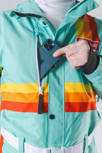 The Midday Aprés | Teal and Orange Retro Stripe One Piece Ski Suit - Shinesty