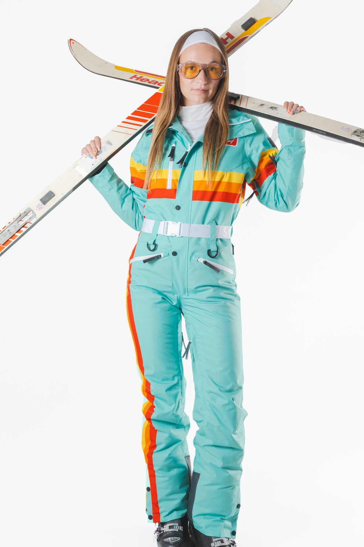 The Midday Aprés | Teal and Orange Retro Stripe Women's One Piece Ski Suit - Shinesty