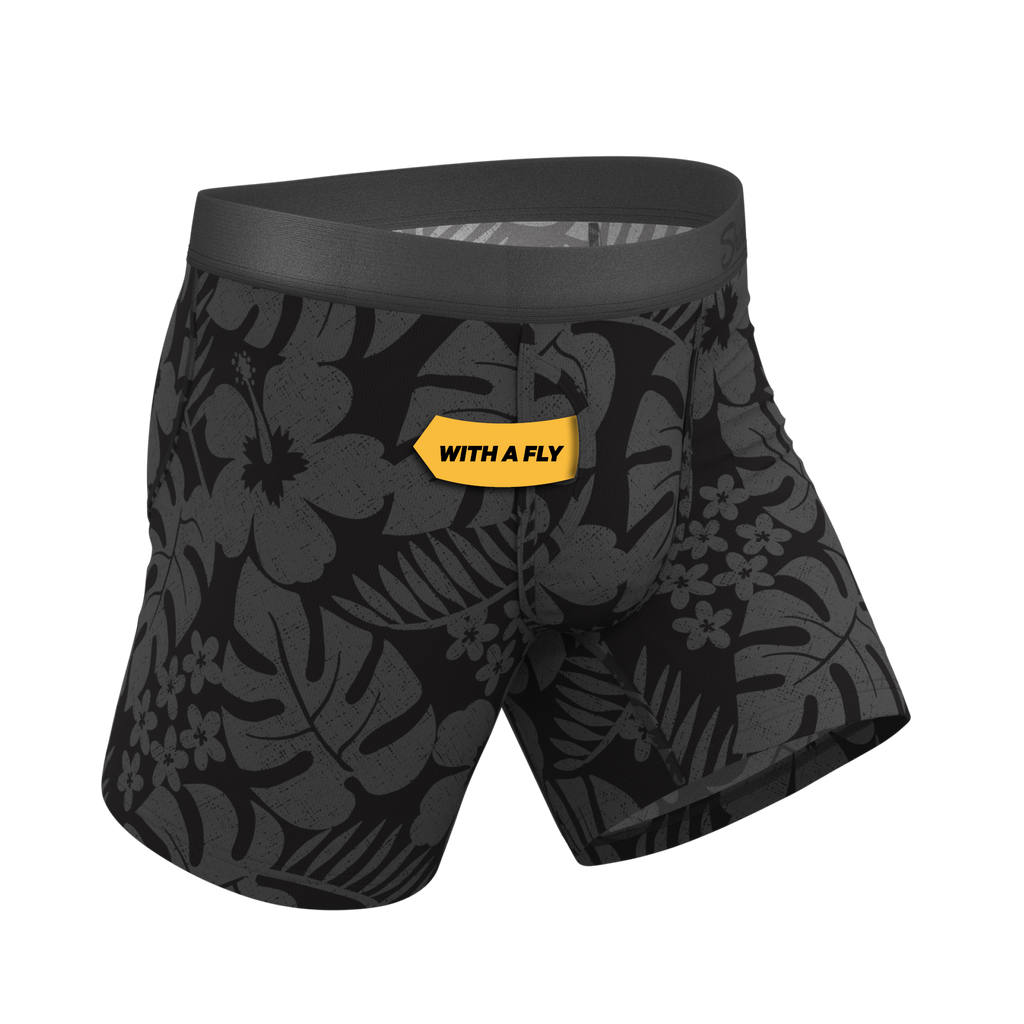 The Midnight Flora | Black Tonal Tropical Ball Hammock® Pouch Underwear With Fly - Shinesty