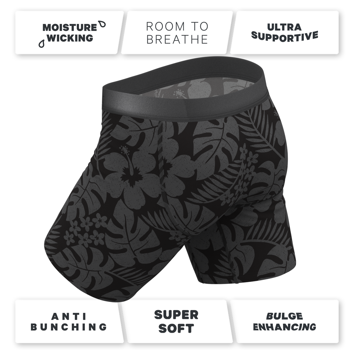 The Midnight Flora | Black Tonal Tropical Ball Hammock® Boxer - Long Leg - Shinesty