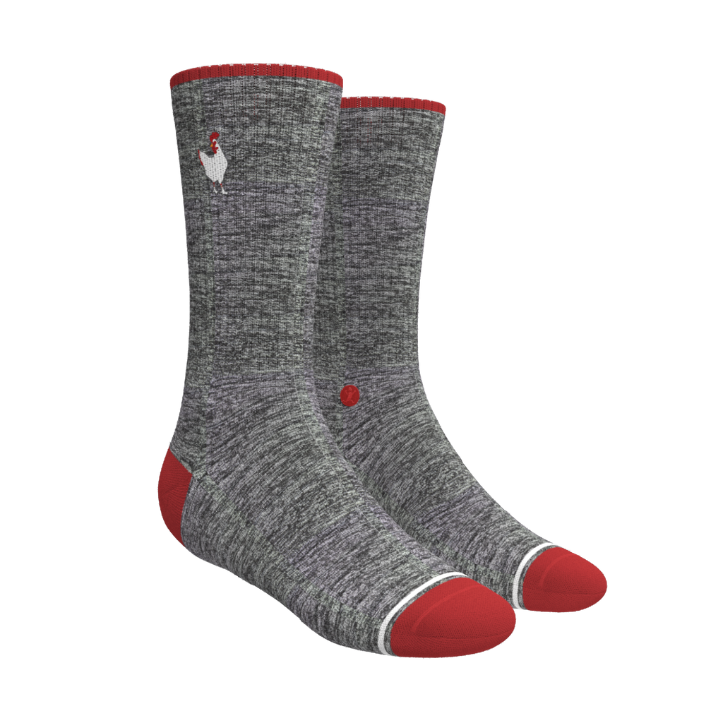 The Nice Cockerel | Heather Gray and Red Heel Hammock™ Crew Socks - Shinesty