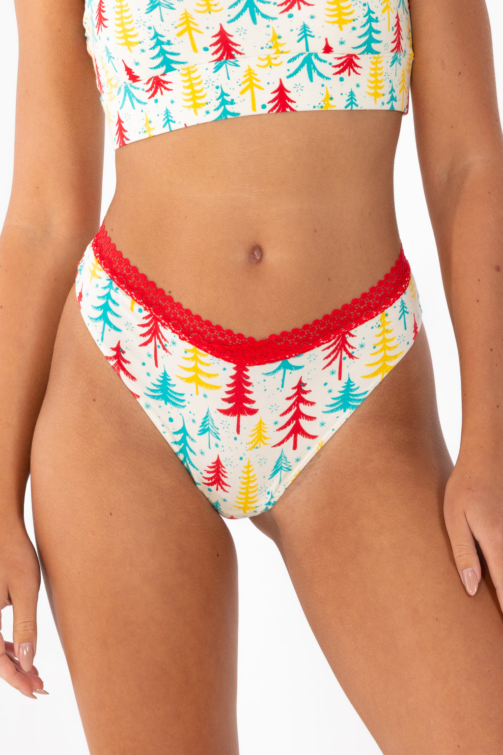The Pine Tree Playgirl | Retro Christmas Trees Lace Trim Cheeky Panty - Shinesty