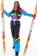 The Black Diamond | Black and Pink Retro Women's One Piece Ski Suit - Shinesty