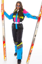 The Black Diamond | Black and Pink Retro Women's One Piece Ski Suit - Shinesty