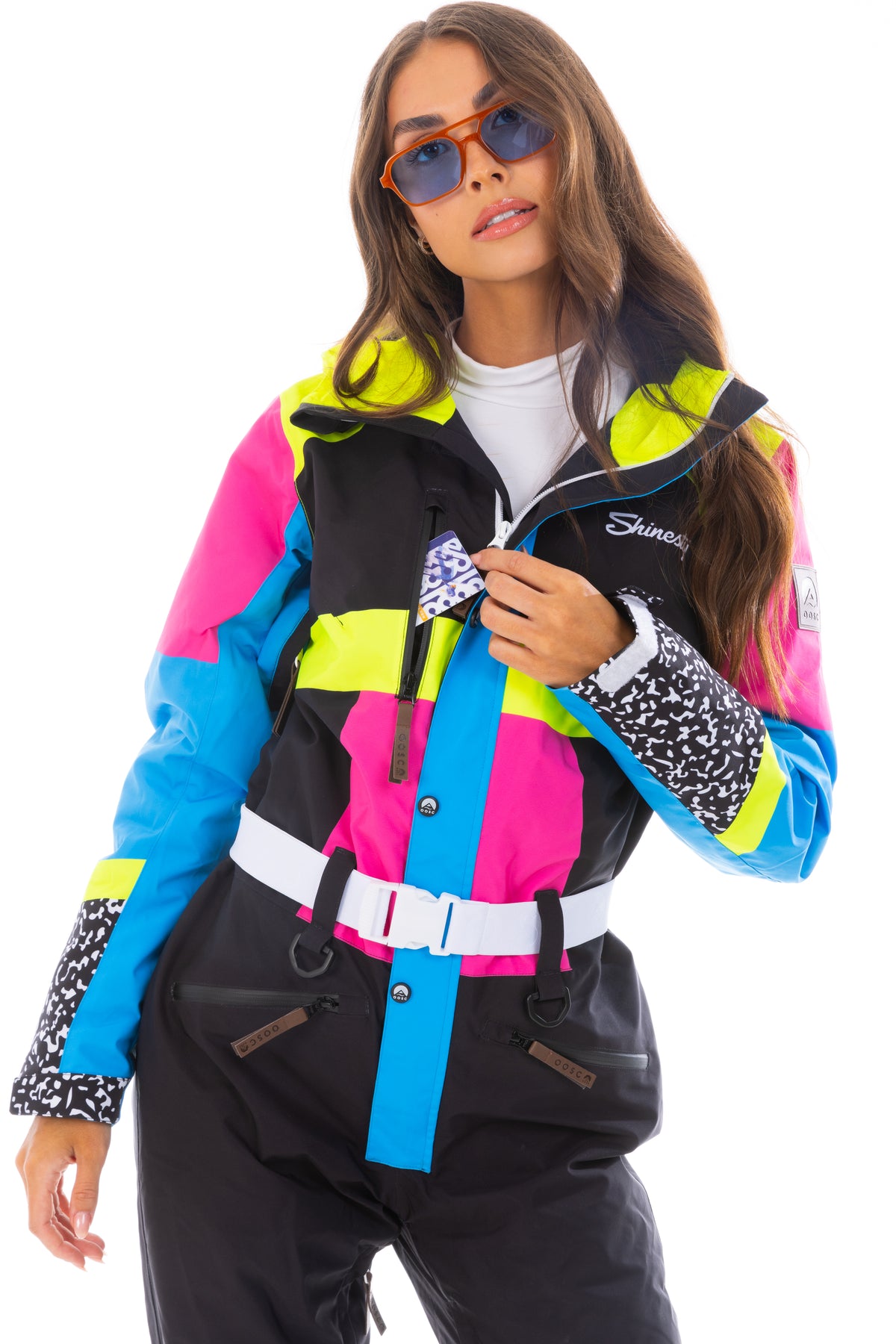 The Black Diamond | Black and Pink Retro Women's One Piece Ski Suit - Shinesty