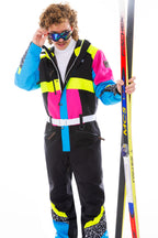 The Black Diamond | Men's Black and Pink Retro One Piece Ski Suit - Shinesty