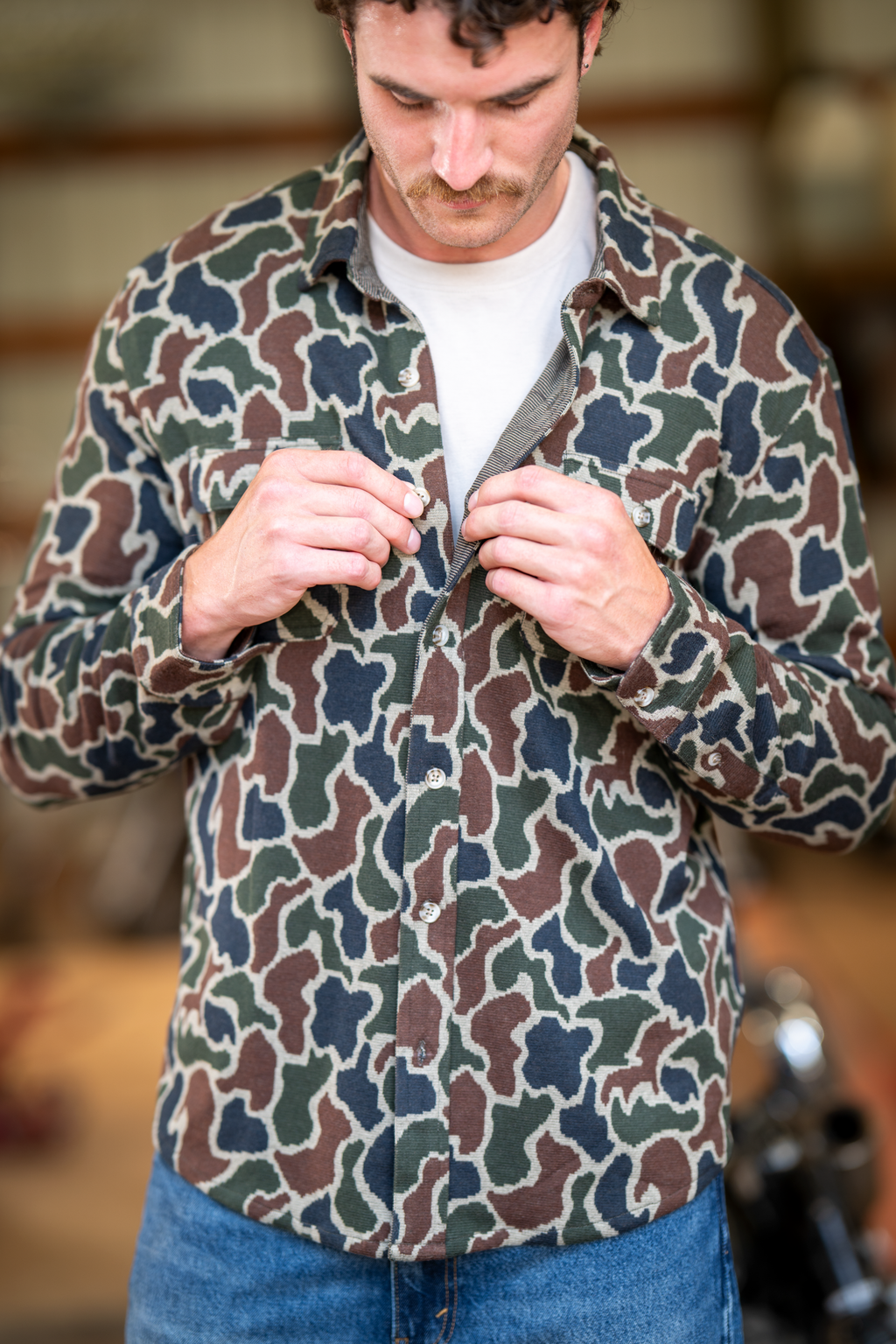 The Blender | Grey Duck Camo Chinchilla Soft™ Long Sleeve Stretch Button Up Shirt - Shinesty