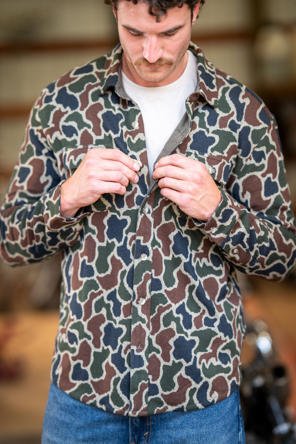 The Blender | Grey Duck Camo Chinchilla Soft™ Long Sleeve Stretch Button Up Shirt - Shinesty