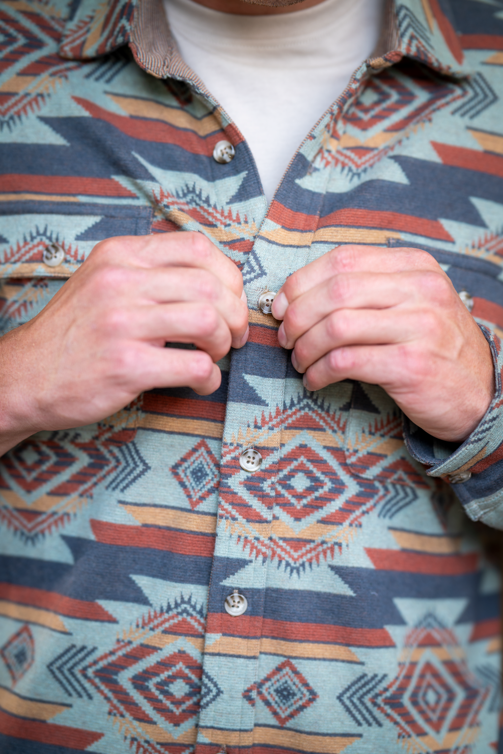 The High Desert | Blue and Orange Aztec Chinchilla Soft™ Long Sleeve Stretch Button Up Shirt - Shinesty