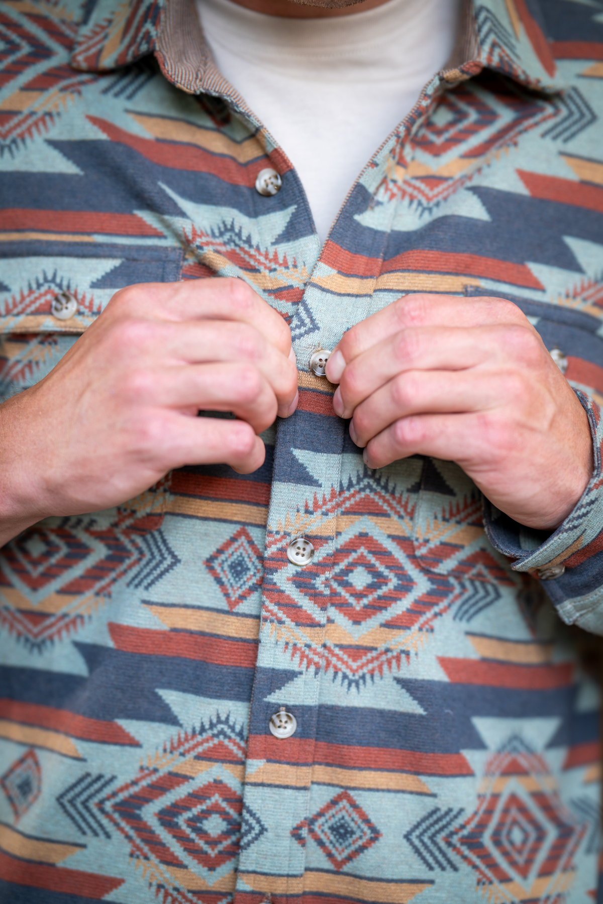 The High Desert | Blue and Orange Aztec Chinchilla Soft™ Long Sleeve Stretch Button Up Shirt - Shinesty