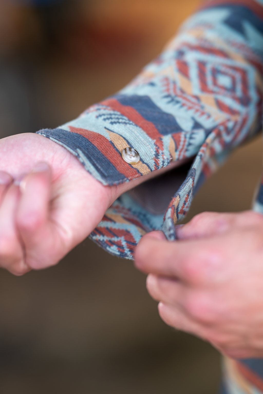 The High Desert | Blue and Orange Aztec Chinchilla Soft™ Long Sleeve Stretch Button Up Shirt - Shinesty