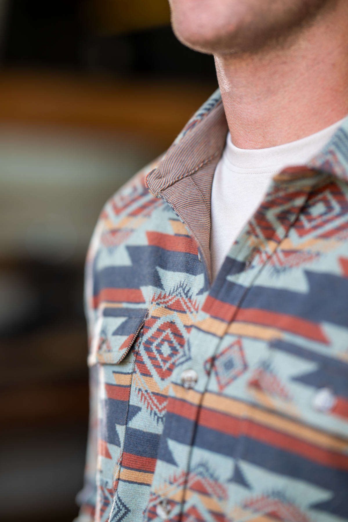 The High Desert | Blue and Orange Aztec Chinchilla Soft™ Long Sleeve Stretch Button Up Shirt - Shinesty