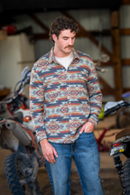 The High Desert | Blue and Orange Aztec Chinchilla Soft™ Long Sleeve Stretch Button Up Shirt - Shinesty