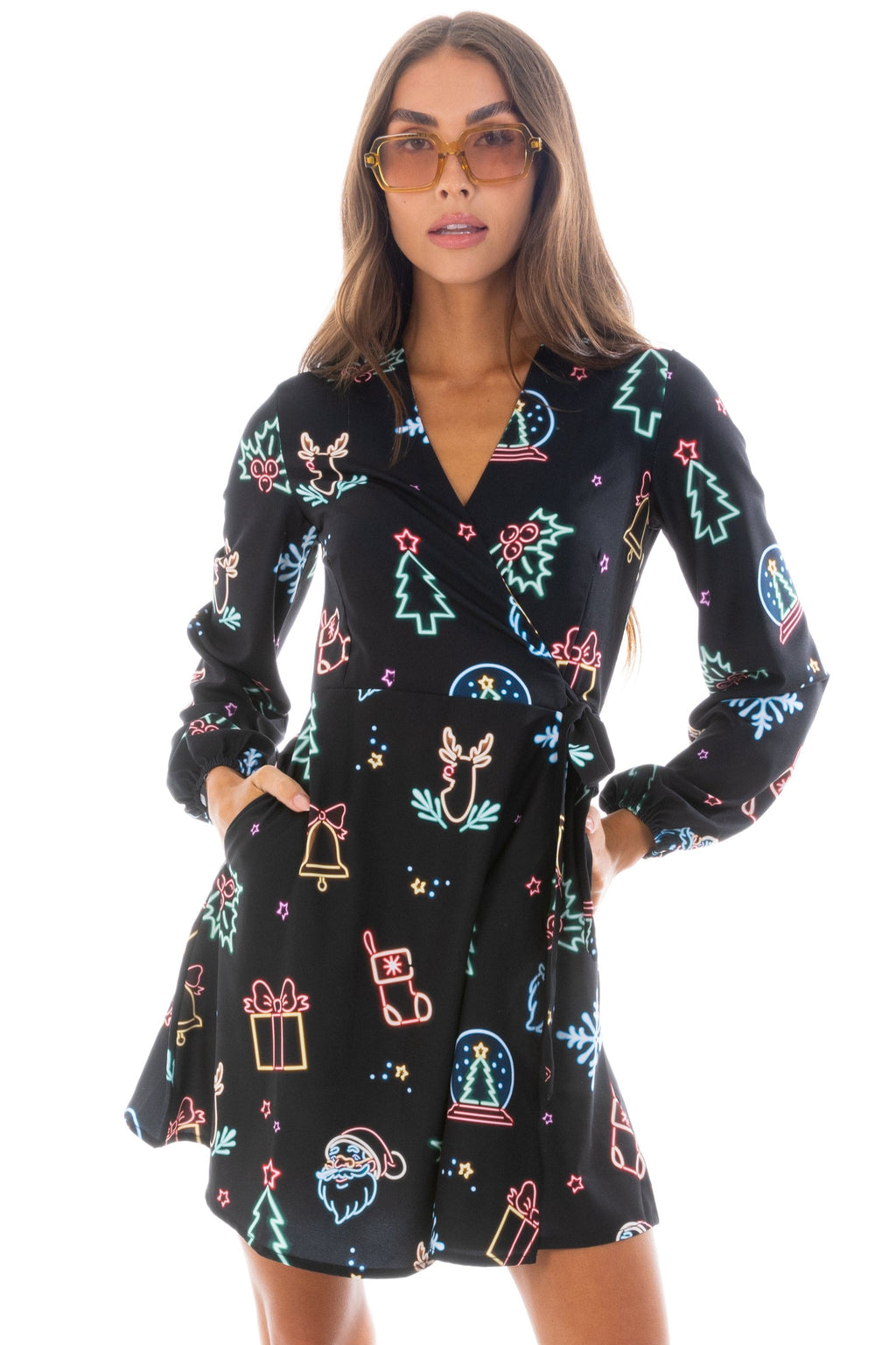 The Naughty Neon Noel | Neon Lights Christmas Wrap Dress - Shinesty