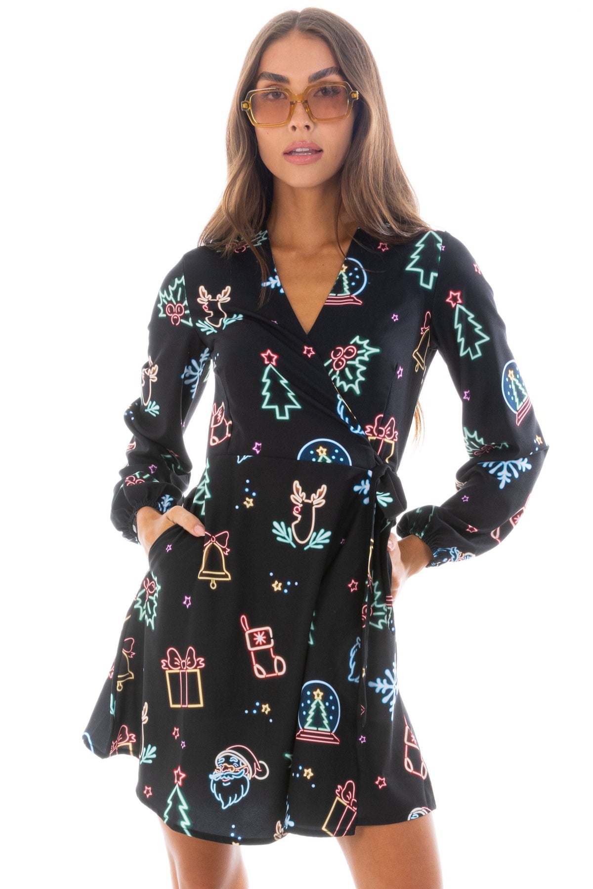 The Naughty Neon Noel | Neon Lights Christmas Wrap Dress - Shinesty