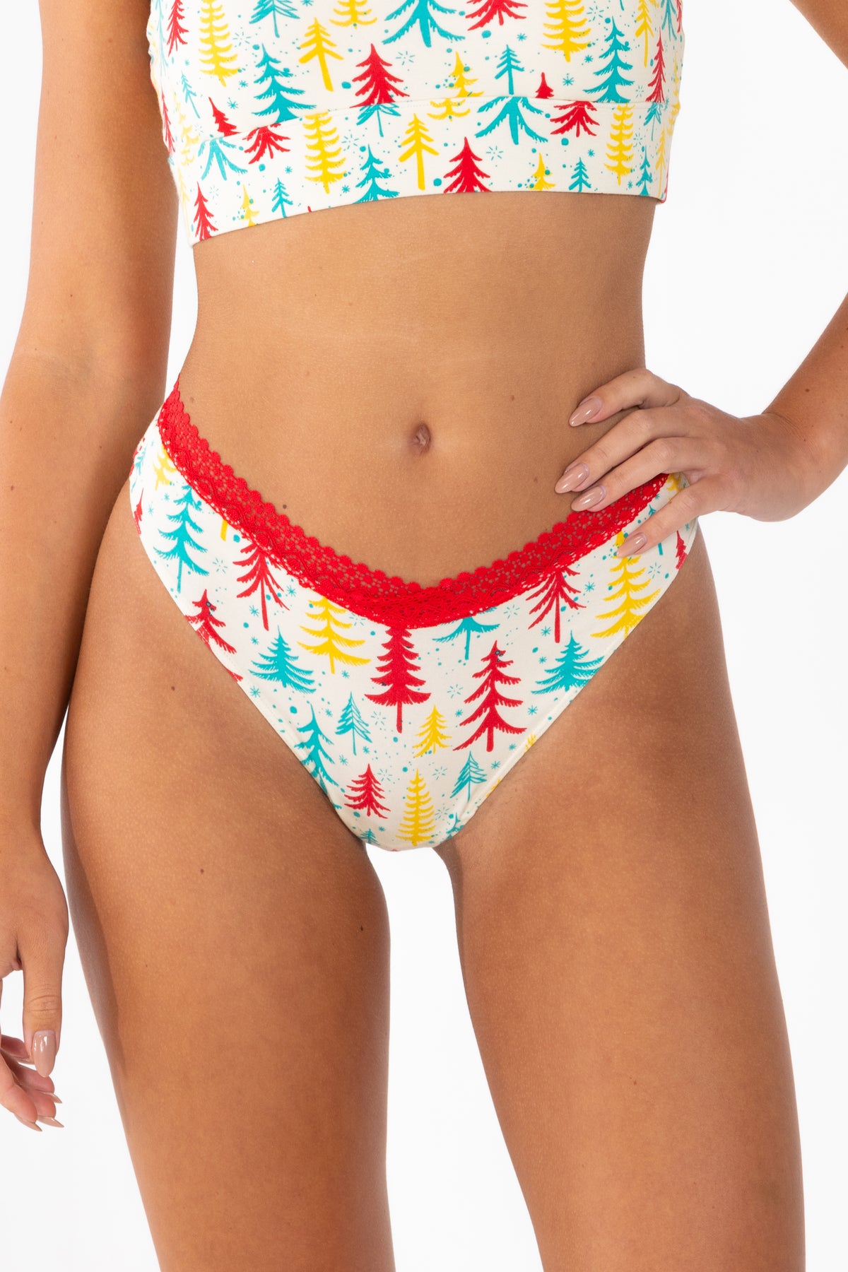 The Pine Tree Playgirl | Retro Christmas Trees Lace Trim Thong Underwear - Shinesty