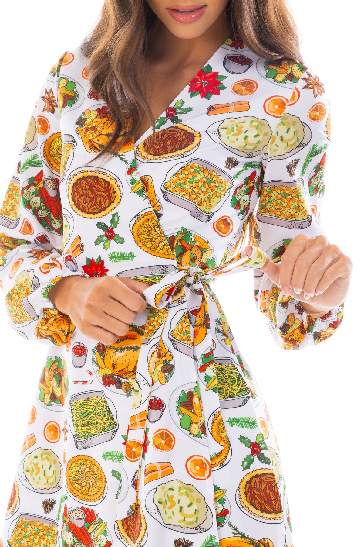 The Spread | White Thanksgiving Wrap Dress - Shinesty