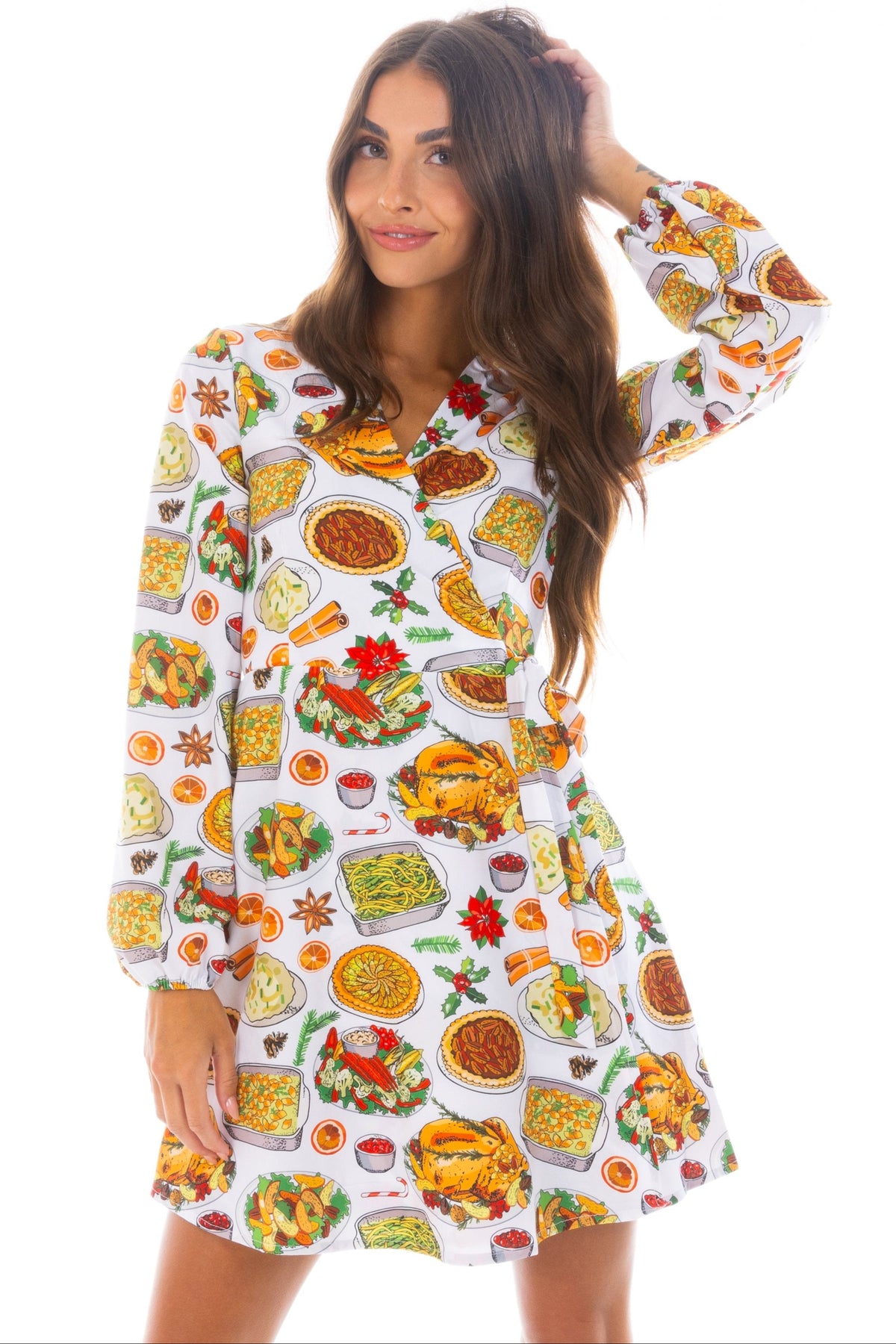 The Spread | White Thanksgiving Wrap Dress - Shinesty