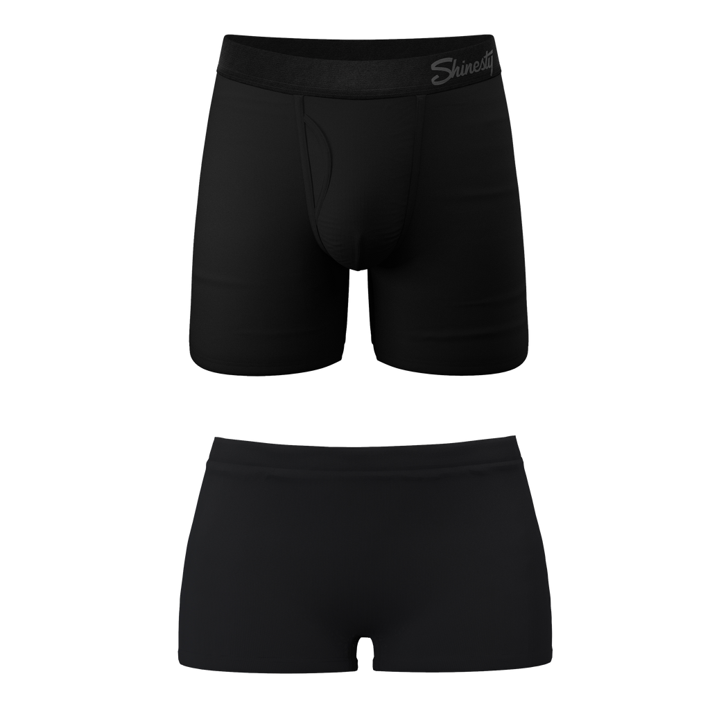 The Threat Level Midnight | Black Boyshort and Ball Hammock® Boxer With Fly Matching Couples Underwear Pack - Shinesty