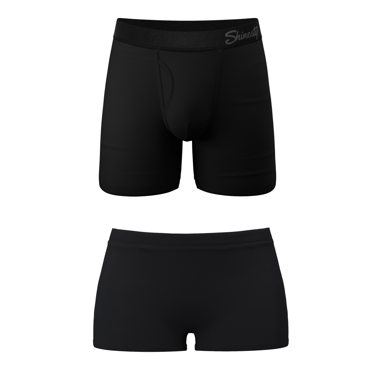 The Threat Level Midnight | Black Boyshort and Ball Hammock® Boxer With Fly Matching Couples Underwear Pack - Shinesty