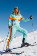 The Midday Aprés | Teal and Orange Retro Stripe Women's One Piece Ski Suit - Shinesty