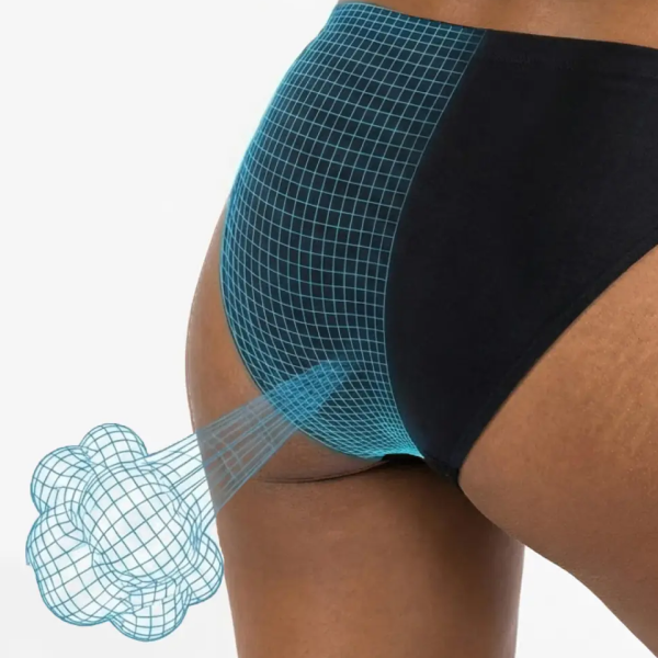 Woman's hip in black underwear with a teal grid overlay tracing how a gas cloud filters through the fabric