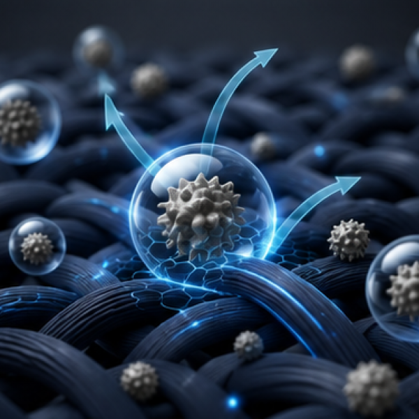 Illustrated fabric weave with odor molecules caught in glowing bubbles and deflected by blue arrows