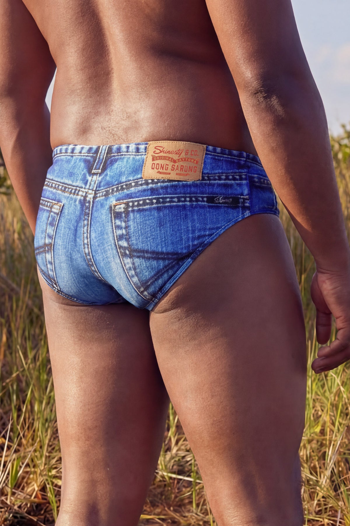The Daytona Dong Sarong | Denim Print Ball Hammock® Pouch Swim Briefs - Shinesty