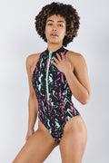 The Funky Fresh | Neon Tribal Print Zip Up One Piece Swimsuit - Shinesty
