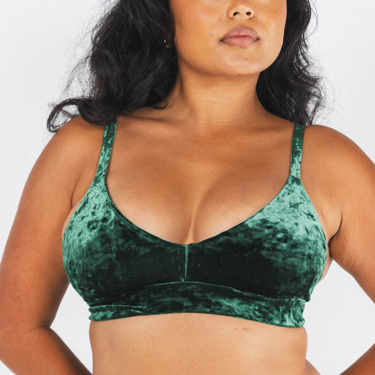 The Extravagance | Dark Green Velvet Plunge Bralette - Shinesty