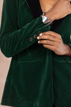 The Elegant Evergreen | Green Velvet Womens Velvet Blazer - Shinesty