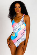 The Vaporwaves | Retro 80s Printed One Piece Swimsuit - Shinesty