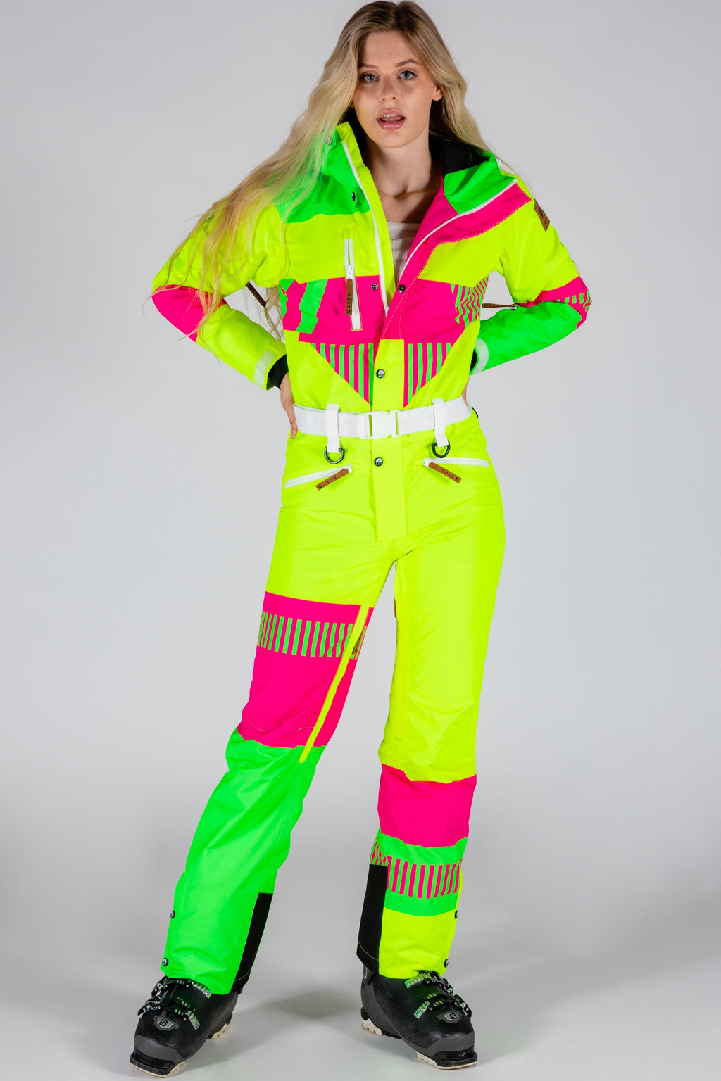 The Cat Track Fever | Neon Yellow Retro Women's One Piece Ski Suit - Shinesty