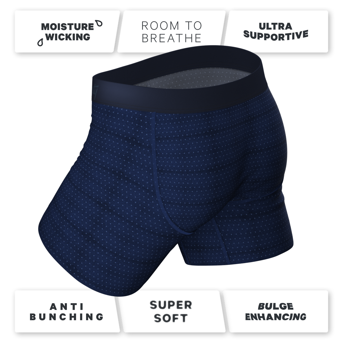 The Forget Me Not | Navy Dot Ball Hammock® Pouch Underwear With Fly - Shinesty