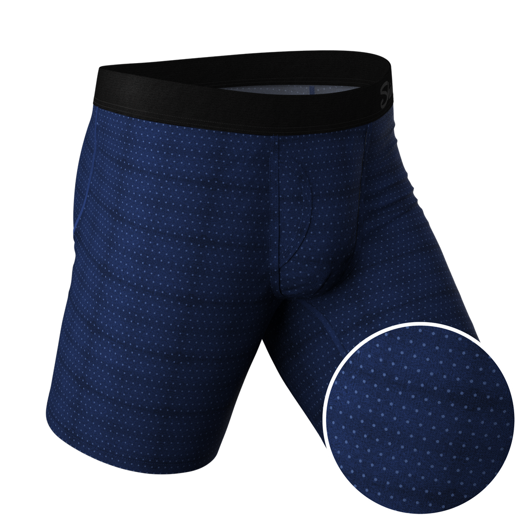 The Forget Me Not | Navy Dot Ball Hammock® Boxer - Long Leg - Shinesty