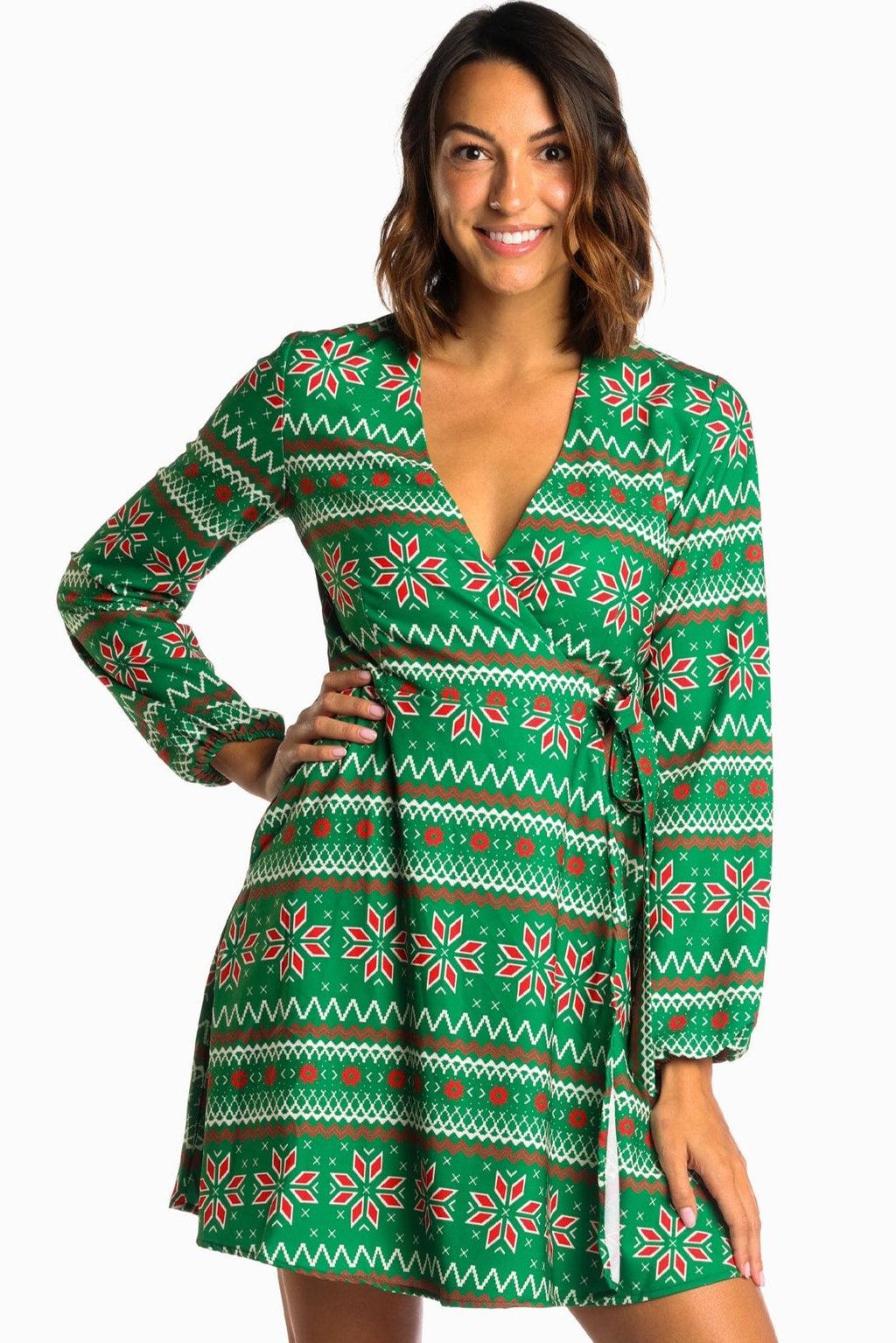 The Kris Kringle | Green Fair Isle Christmas Wrap Dress - Shinesty