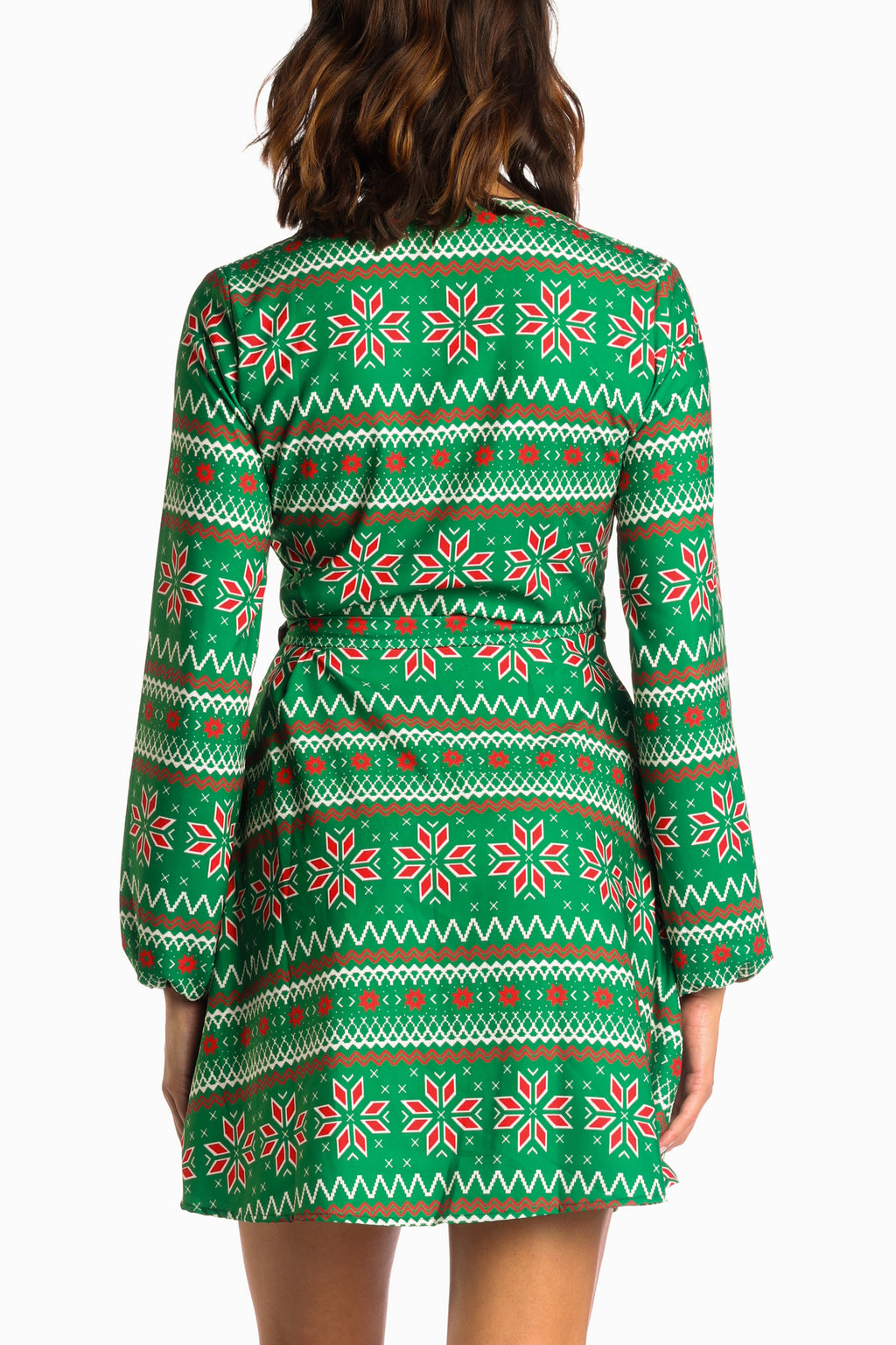 The Kris Kringle | Green Fair Isle Christmas Wrap Dress - Shinesty