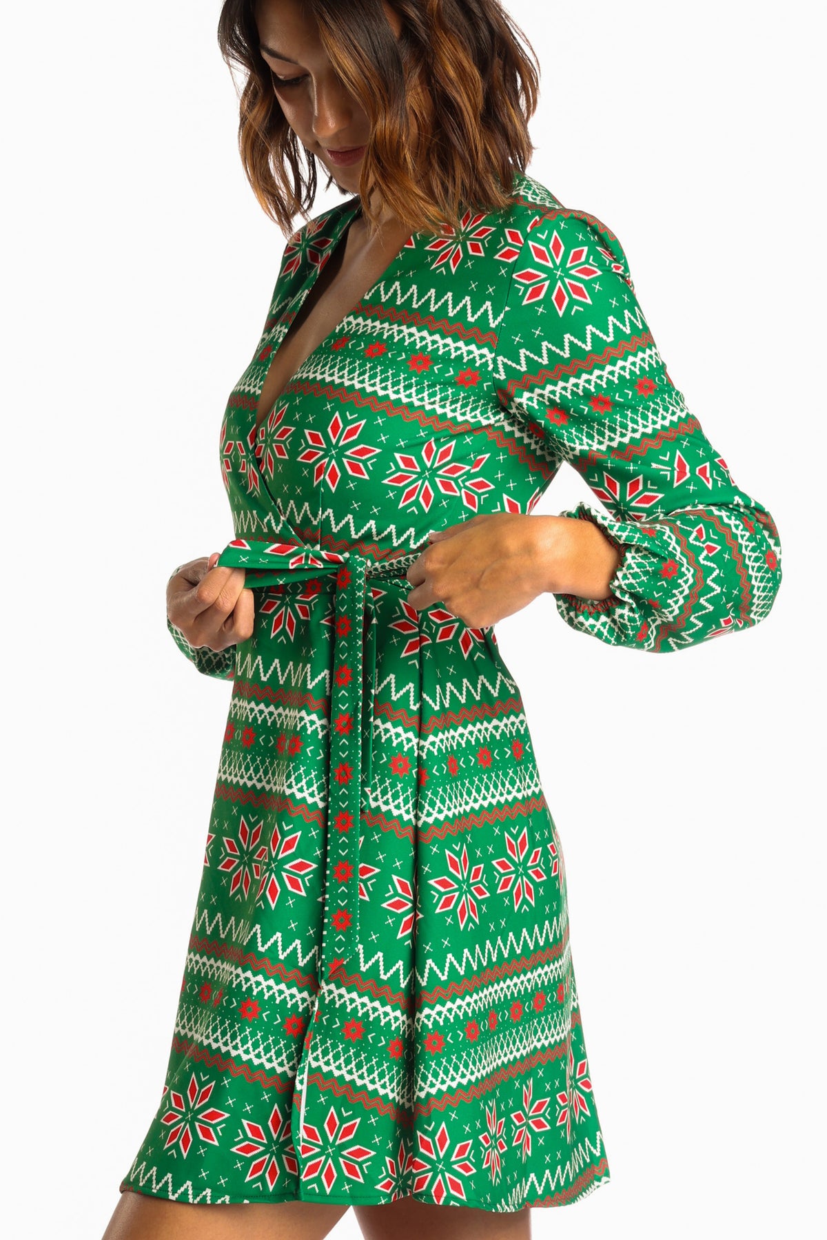 The Kris Kringle | Green Fair Isle Christmas Wrap Dress - Shinesty