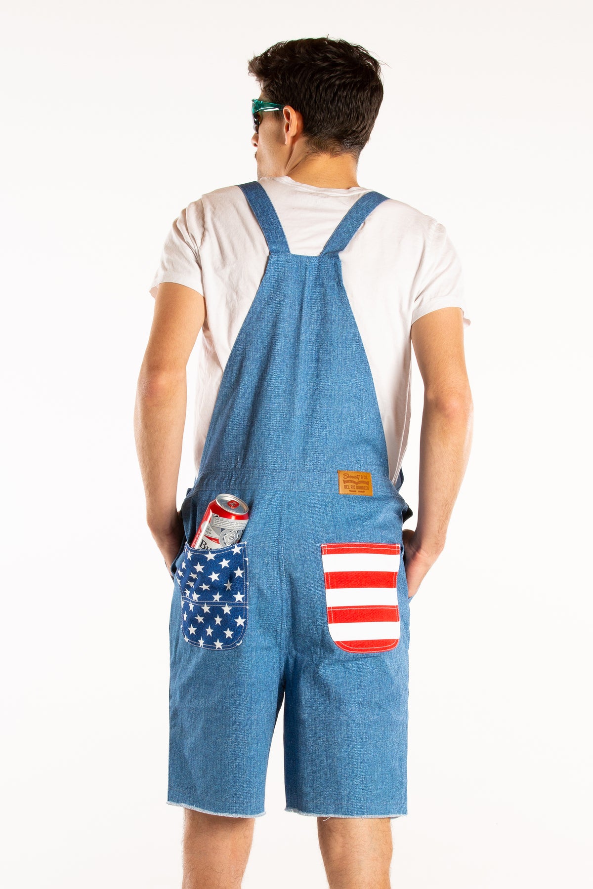 The Chattahoochees | Denim American Flag Short Overalls - Shinesty