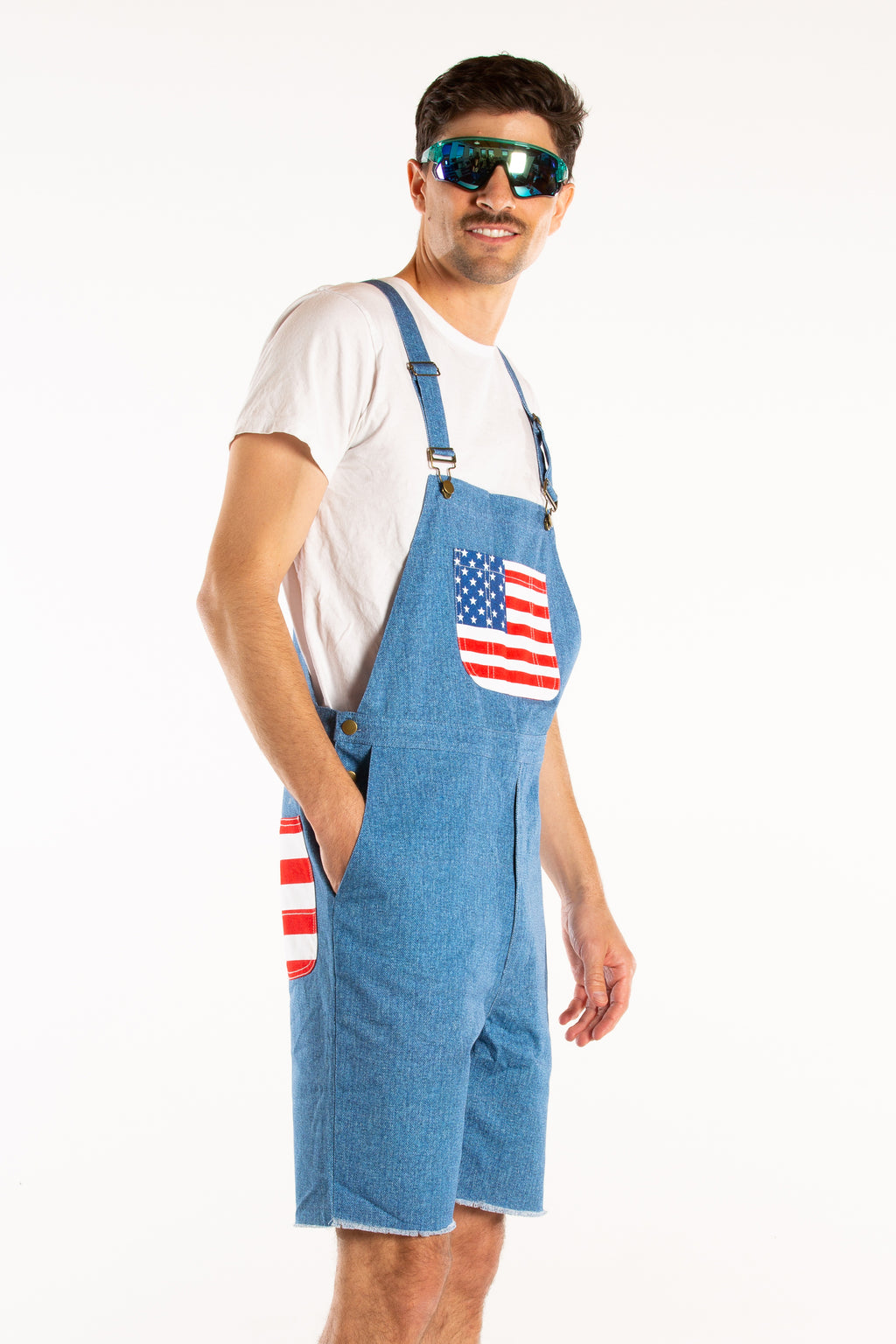 The Chattahoochees | Denim American Flag Short Overalls - Shinesty