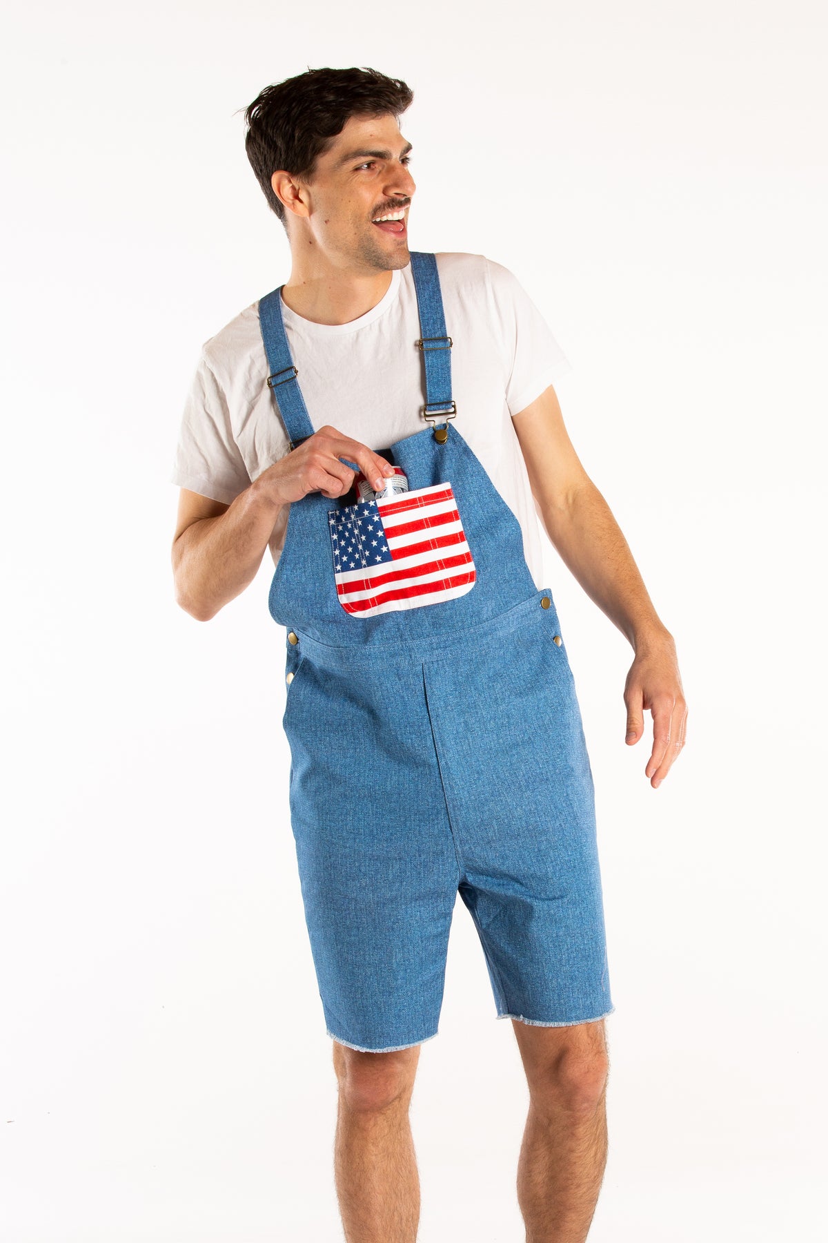 The Chattahoochees | Denim American Flag Short Overalls - Shinesty