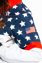 The First Chair | Retro American Flag Women's One Piece Ski Suit - Shinesty