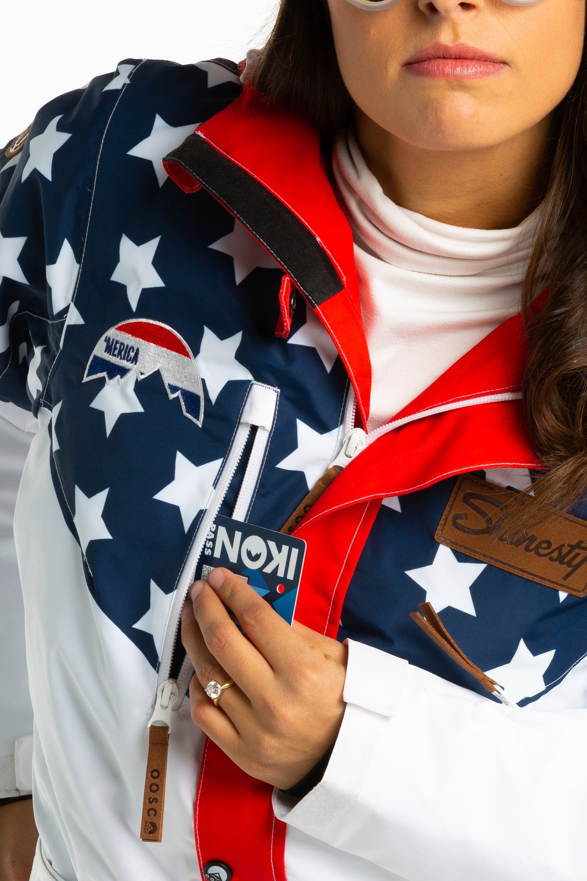 The First Chair | Retro American Flag Women's One Piece Ski Suit - Shinesty