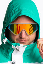 The Mogul Maniac | Mens White Retro Striped Ski Suit - Shinesty