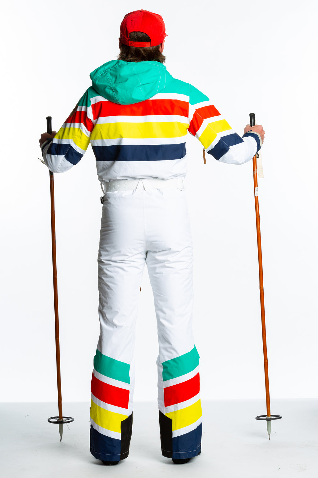 The Mogul Maniac | Mens White Retro Striped Ski Suit - Shinesty