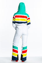 The Mogul Maniac | White Retro Striped Women's One Piece Ski Suit - Shinesty